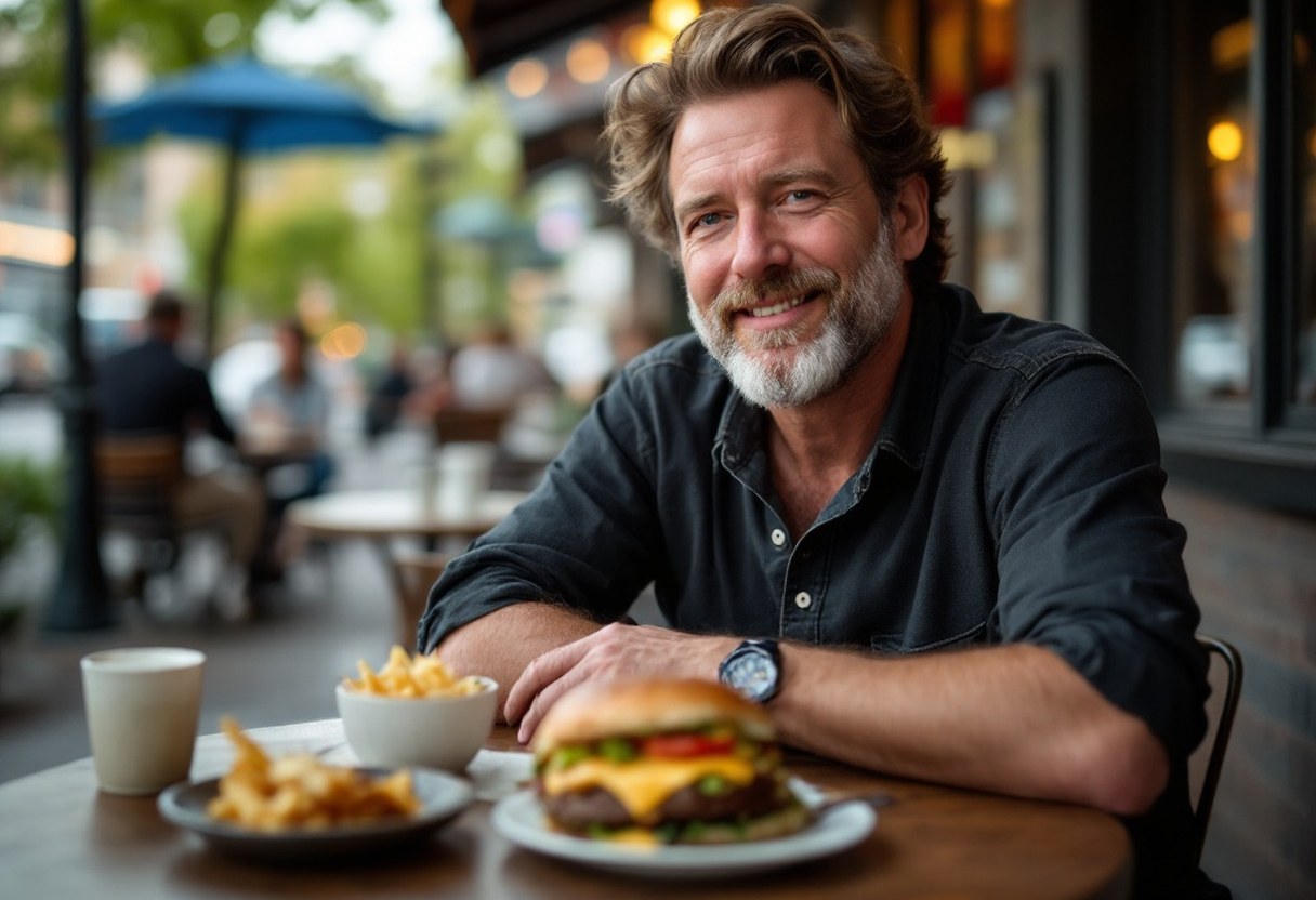 Portrait of Davis, Portland food writer, at an outdoor café table