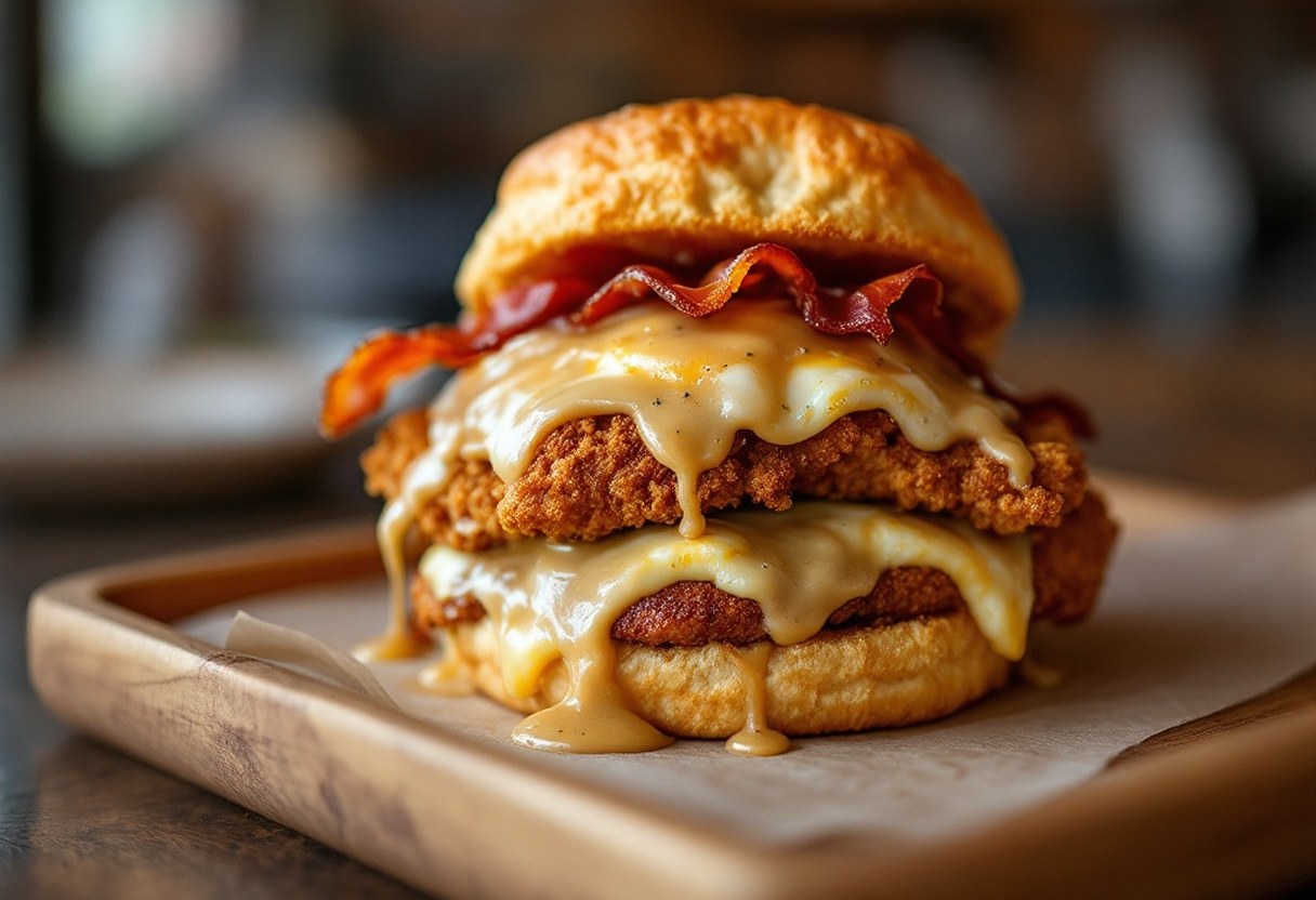 Pine State Biscuits' Reggie Deluxe biscuit sandwich stacked with fried chicken, egg, bacon and gravy on a wooden tray