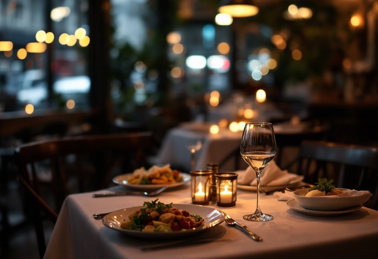 Dining room at Le Pigeon restaurant in Portland, with intimate candlelit table settings