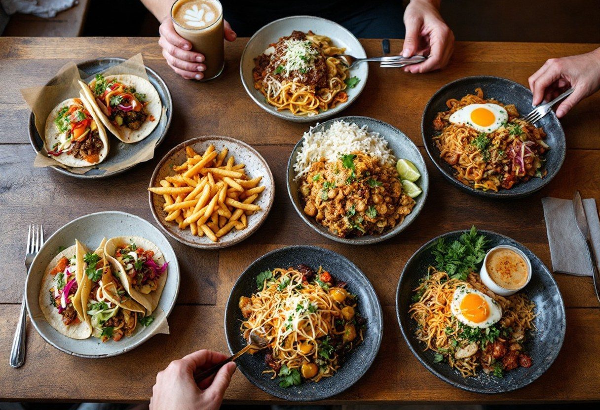 Ten small Portland lunch dishes arranged on a communal wooden table — tacos, ramen, Thai plates, pub food