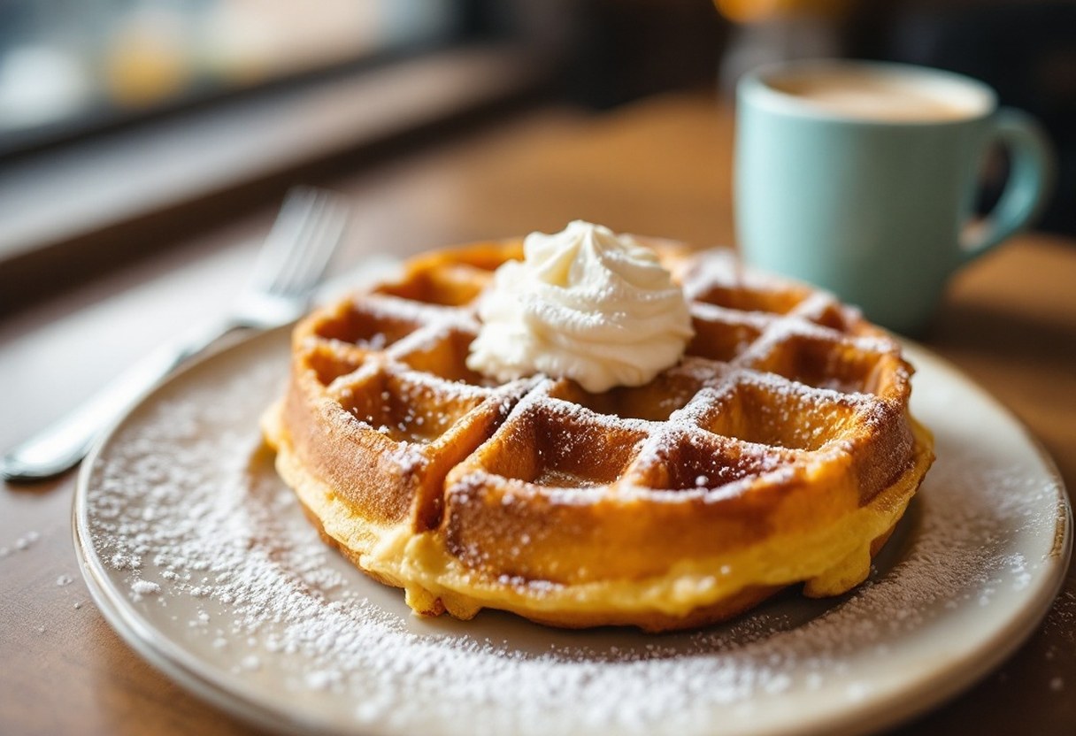 Pumpkin waffle dusted with powdered sugar at a bright Portland breakfast spot