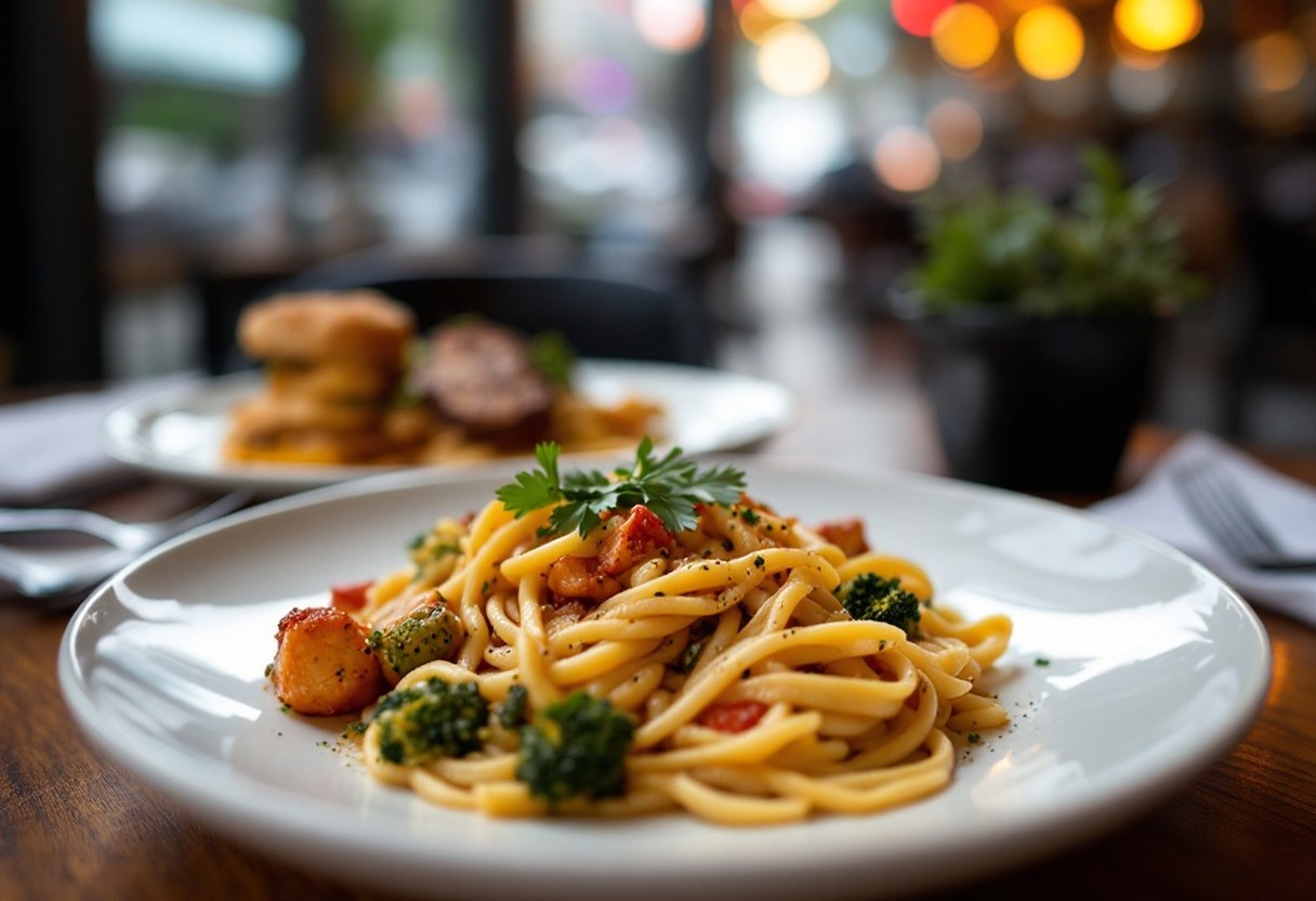 Plate of handmade pasta and a South American grilled dish side by side on a Portland table